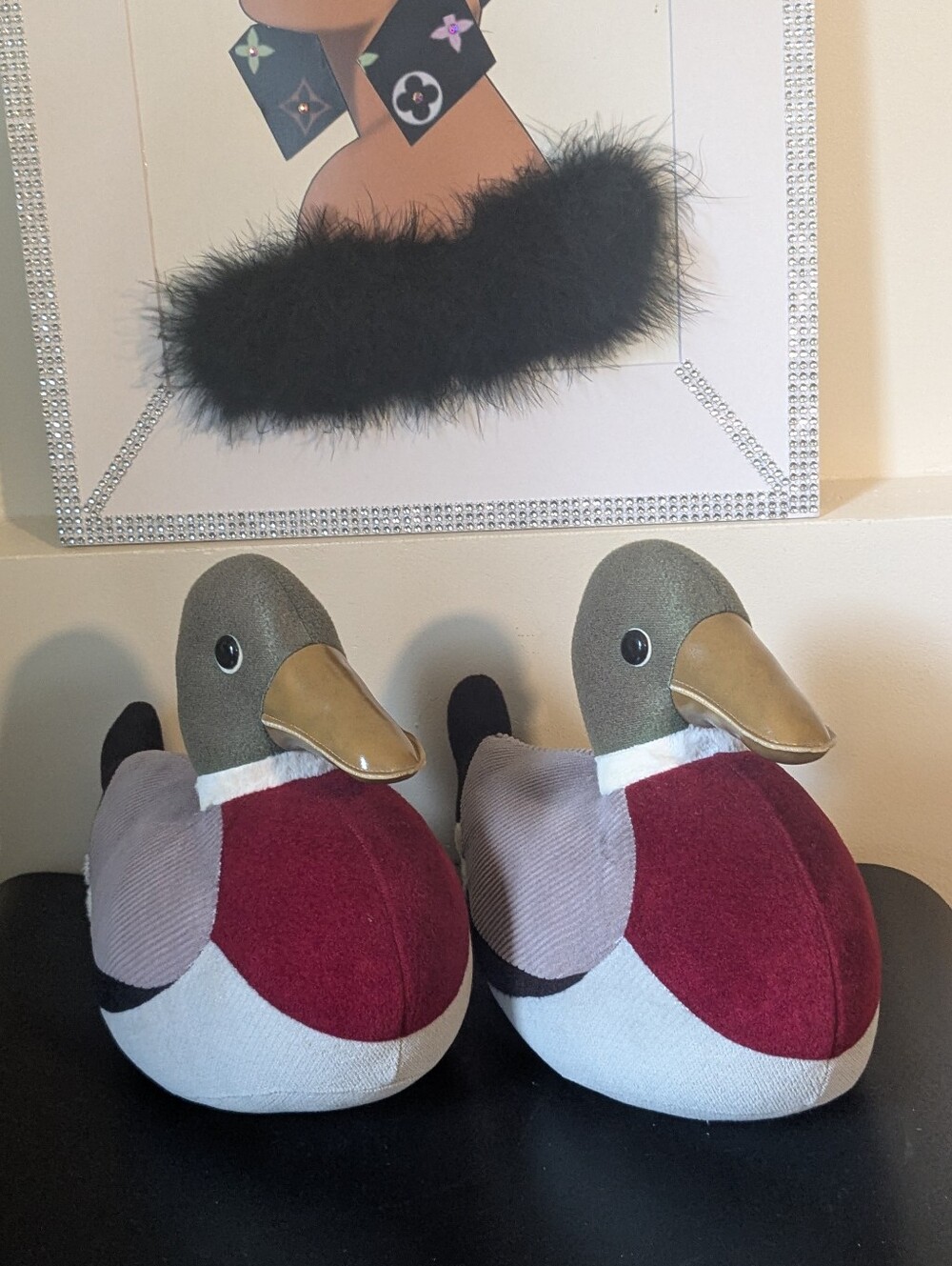 Two Stuffed Plush Corduroy Mallard Ducks Home Decor w/Faux Leather Duck Bill
